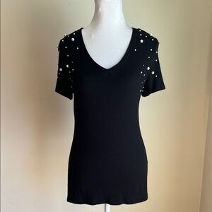 INC International Concepts Black V‑Neck Short Sleeve Top with Pearl Accents